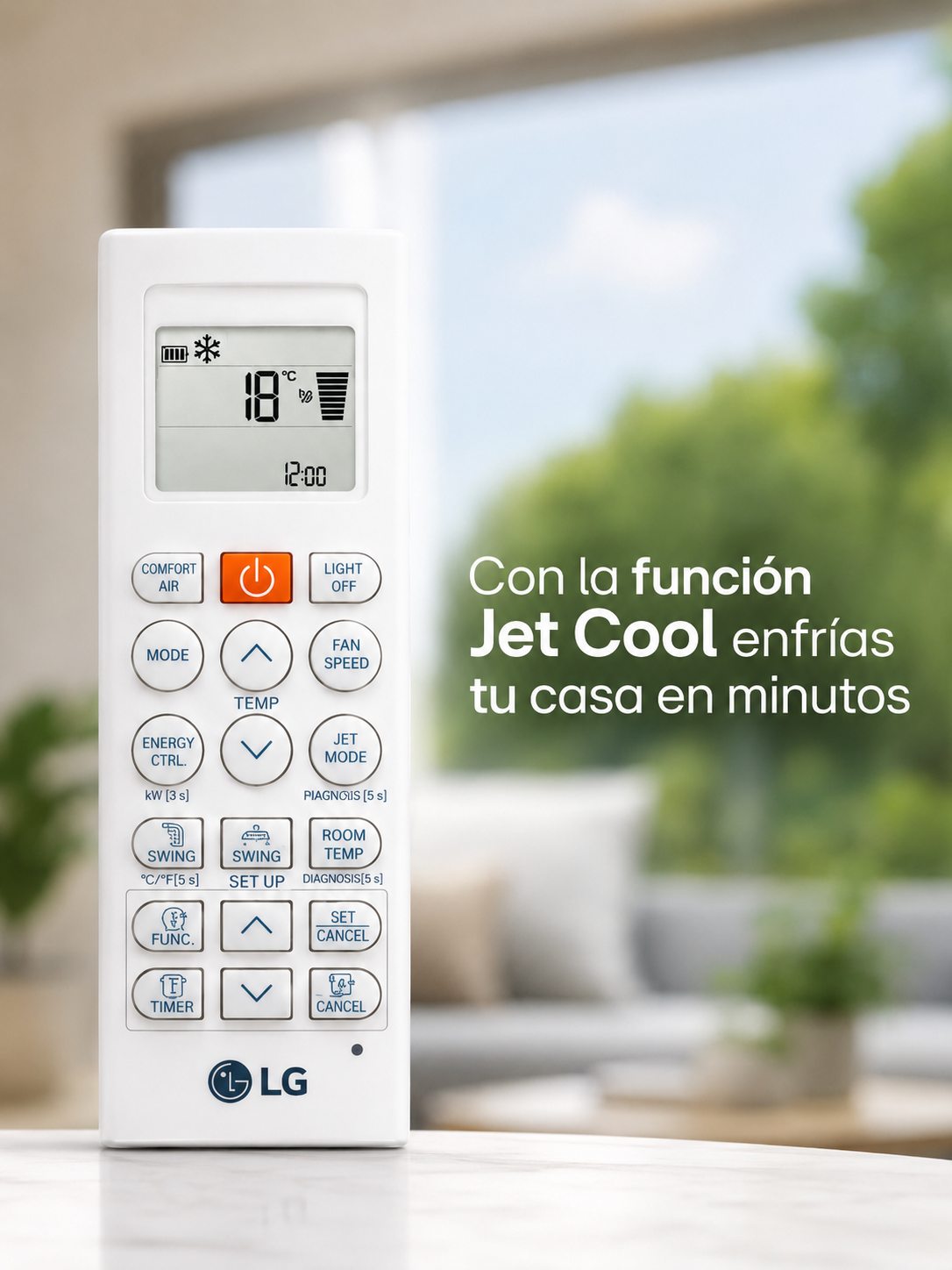 JetCool: enfriamiento rápido cuando más lo necesitas   El modo JetCool está diseñado para enfriar la estancia rápidamente en los momentos de más calor. Esta función permite que el aire acondicionado trabaje a máxima potencia durante un periodo inicial para alcanzar antes la temperatura deseada.  Es ideal para esos días de verano en los que llegas a casa y necesitas una sensación de frescor inmediata.  Activa JetCool y disfruta de un alivio rápido frente al calor.